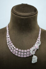 Ethereal Rose Pink Layered Necklace Set – Silver-Plated with Zirconia Accents and Pearl Jhumkas