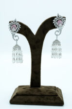 Ethereal Rose Pink Layered Necklace Set – Silver-Plated with Zirconia Accents and Pearl Jhumkas - Image 3