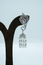 Ethereal Rose Pink Layered Necklace Set – Silver-Plated with Zirconia Accents and Pearl Jhumkas - Image 5