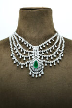 Majestic Emerald Teardrop & Zirconia Multi-Tier Garland Necklace Set – Rhodium Plated Luxury Fashion Jewellery