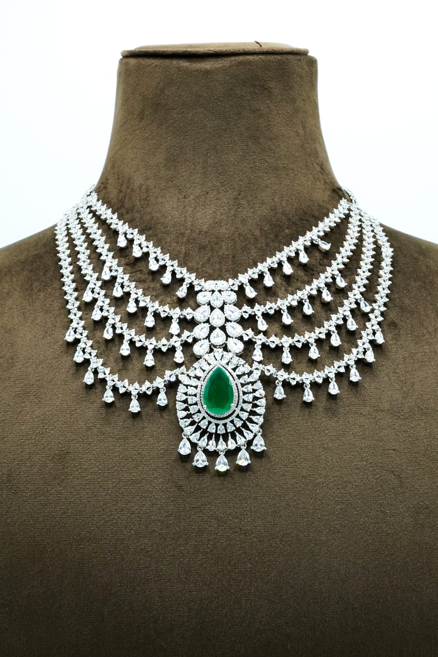 ARS03256 Majestic Emerald Teardrop & Zirconia Multi-Tier Garland Necklace Set – Rhodium Plated Luxury Fashion Jewellery - Image 1