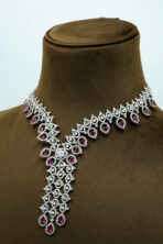 V-Contour Ruby Red & Zirconia Statement Lariat Set – Rhodium Plated Luxury Fashion Jewellery