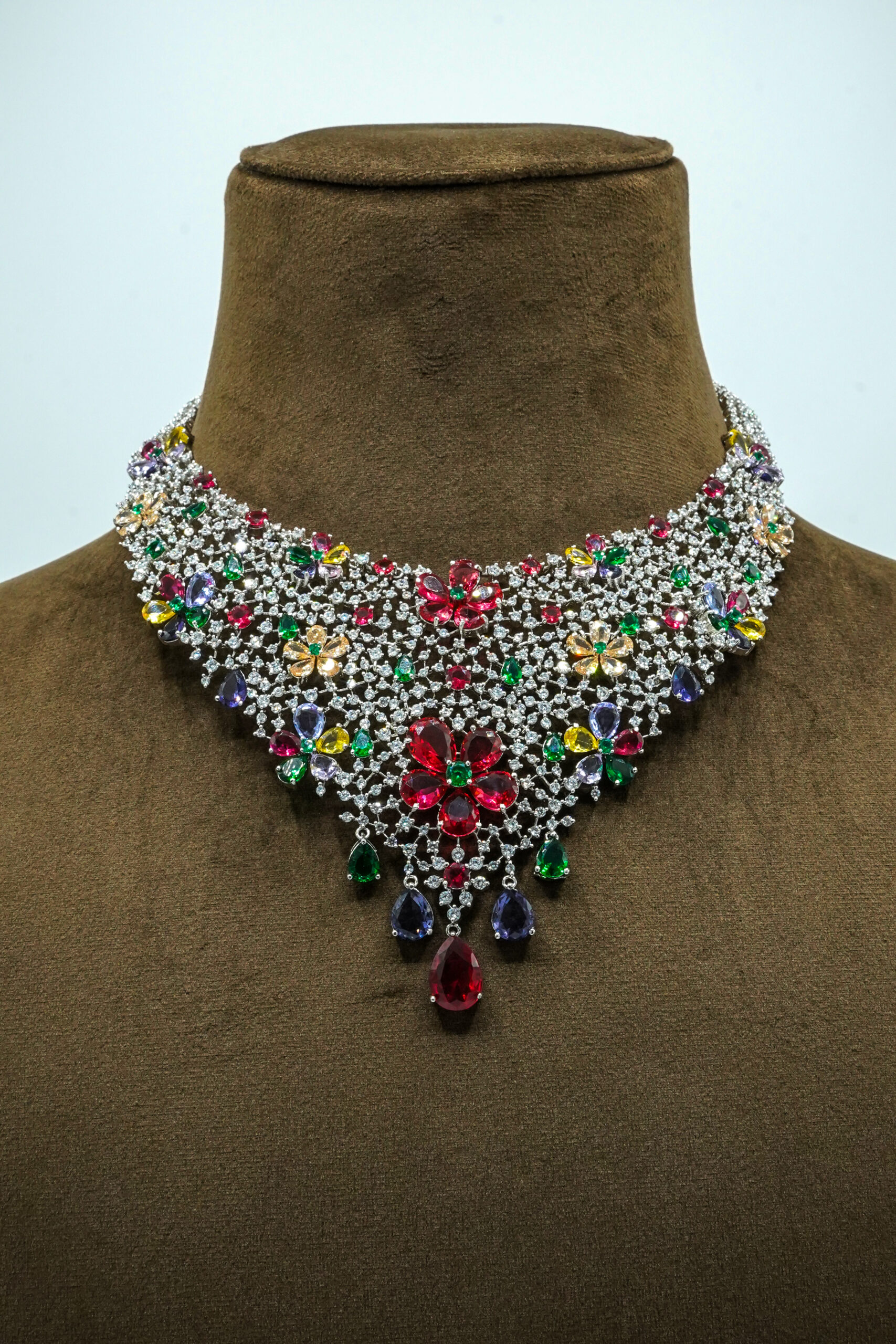 ARS03458 Radiant Garden Multi-Gemstone Floral Statement Necklace & Chandelier Earring Set (108B) - Image 1