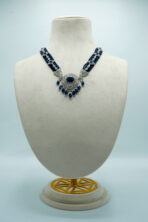 Majestic Silver-Tone Sapphire Blue Crystal Choker | Modern High-Fashion Diamond & Sapphire Look Necklace Set (25C) - Image 2