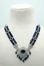 Majestic Silver-Tone Sapphire Blue Crystal Choker | Modern High-Fashion Diamond & Sapphire Look Necklace Set (25C)