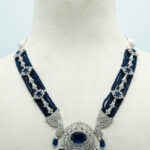 Majestic Silver-Tone Sapphire Blue Crystal Choker | Modern High-Fashion Diamond & Sapphire Look Necklace Set (25C)