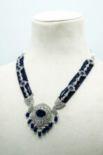 Majestic Silver-Tone Sapphire Blue Crystal Choker | Modern High-Fashion Diamond & Sapphire Look Necklace Set (25C) - Image 3