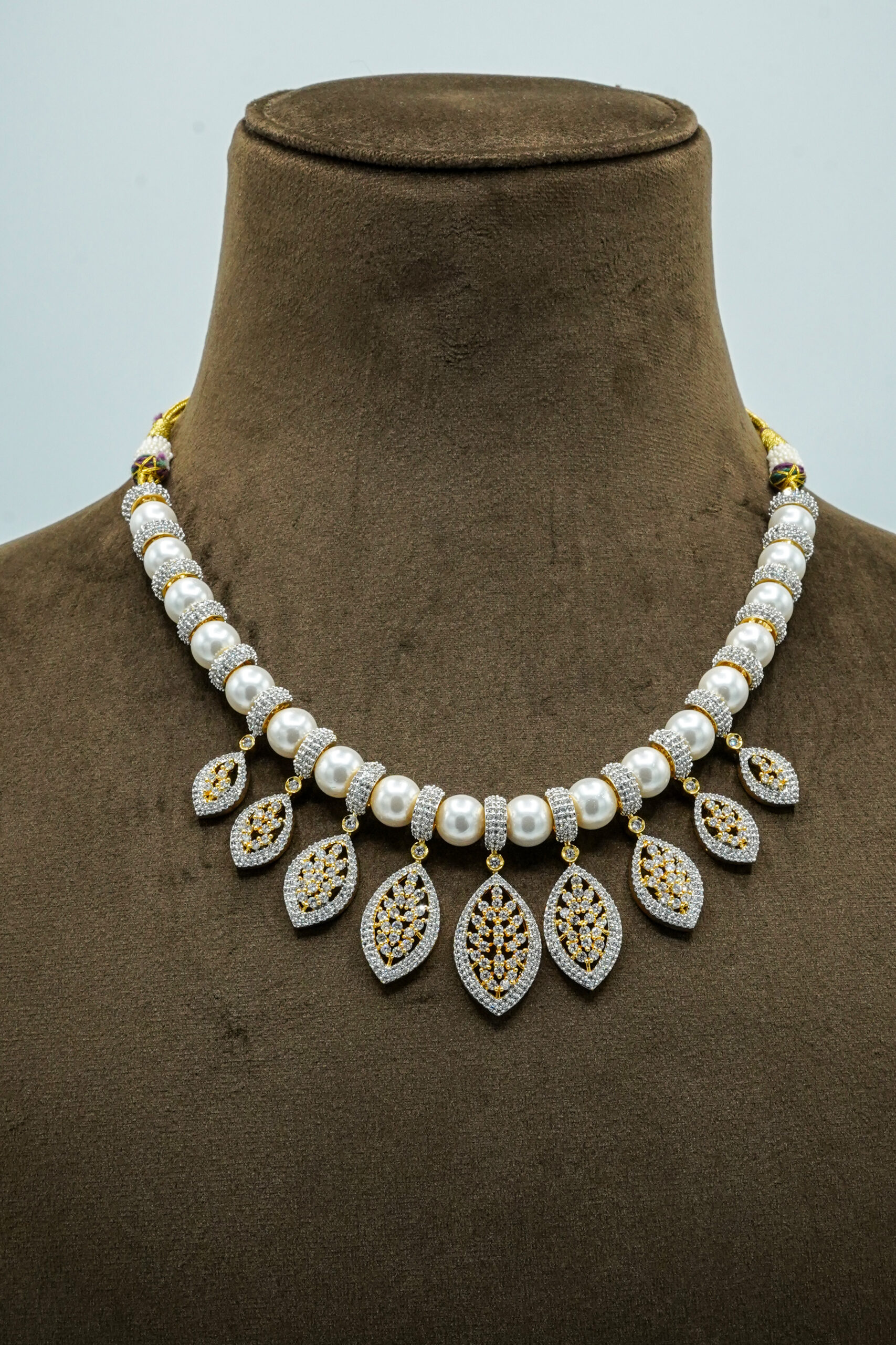 ARS03594 Elegant Two-Tone Floral Lattice Pearl Set | Shimmering CZ Crystal Fashion Necklace & Earrings (43C) - Image 1