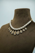 Elegant Two-Tone Floral Lattice Pearl Set | Shimmering CZ Crystal Fashion Necklace & Earrings (43C) - Image 5