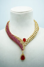 Modern Dual-Tone Ruby & Crystal Fusion Necklace Set | Asymmetric Red-Carpet Fashion Jewellery with Teardrop Drops (60C)