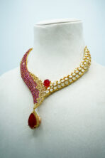 Modern Dual-Tone Ruby & Crystal Fusion Necklace Set | Asymmetric Red-Carpet Fashion Jewellery with Teardrop Drops (60C) - Image 2