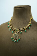 Heritage Gold-Tone Tube Necklace & Jhumka Set | Elegant Emerald Green Bead Fashion Jewellery (72C) - Image 2