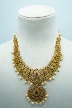 Regal Antique Gold-Tone Temple Necklace Set | Ruby & Emerald Stone Encrusted Fashion Zewar with Jhumka-Style Drops (90B)