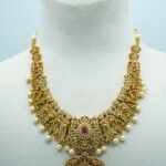 Regal Antique Gold-Tone Temple Necklace Set | Ruby & Emerald Stone Encrusted Fashion Zewar with Jhumka-Style Drops (90B)