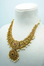 Regal Antique Gold-Tone Temple Necklace Set | Ruby & Emerald Stone Encrusted Fashion Zewar with Jhumka-Style Drops (90B) - Image 4