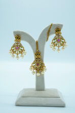 Regal Antique Gold-Tone Temple Necklace Set | Ruby & Emerald Stone Encrusted Fashion Zewar with Jhumka-Style Drops (90B) - Image 2