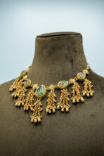 Vintage Gold-Tone Meenakari Ghungroo Set | Traditional Floral Enamel Necklace with Cascading Chain Earrings (102B) - Image 2