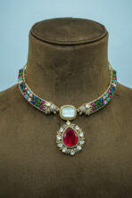 Antique Gold-Tone Peacock Motif Festive Set | Ruby-Red Crystal Studded Fashion Necklace & Earrings (69C)