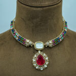 Antique Gold-Tone Peacock Motif Festive Set | Ruby-Red Crystal Studded Fashion Necklace & Earrings (69C)