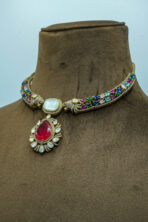 Antique Gold-Tone Peacock Motif Festive Set | Ruby-Red Crystal Studded Fashion Necklace & Earrings (69C) - Image 4
