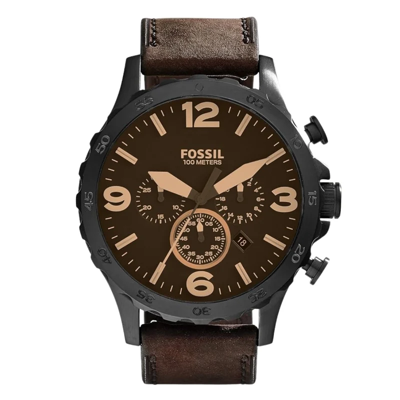 57327 (1) Fossil Nate Brown Leather Strap Brown Dial Chronograph Quartz Watch for Gents - JR1487 - Image 1